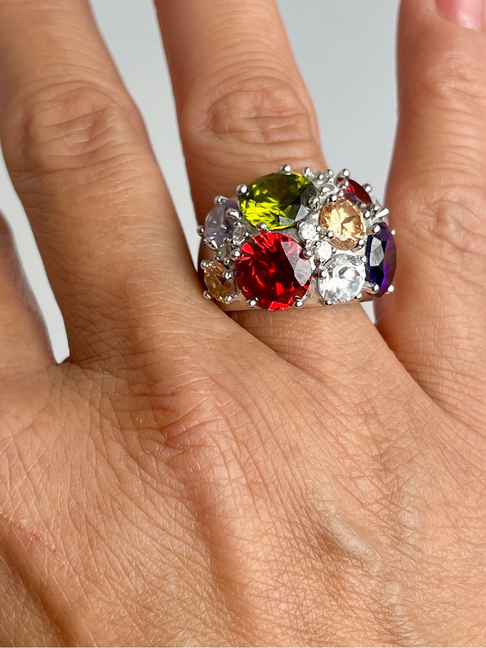 AVON Multigem Cluster Statement Ring - Colorful Crystal Cocktail Ring size 7